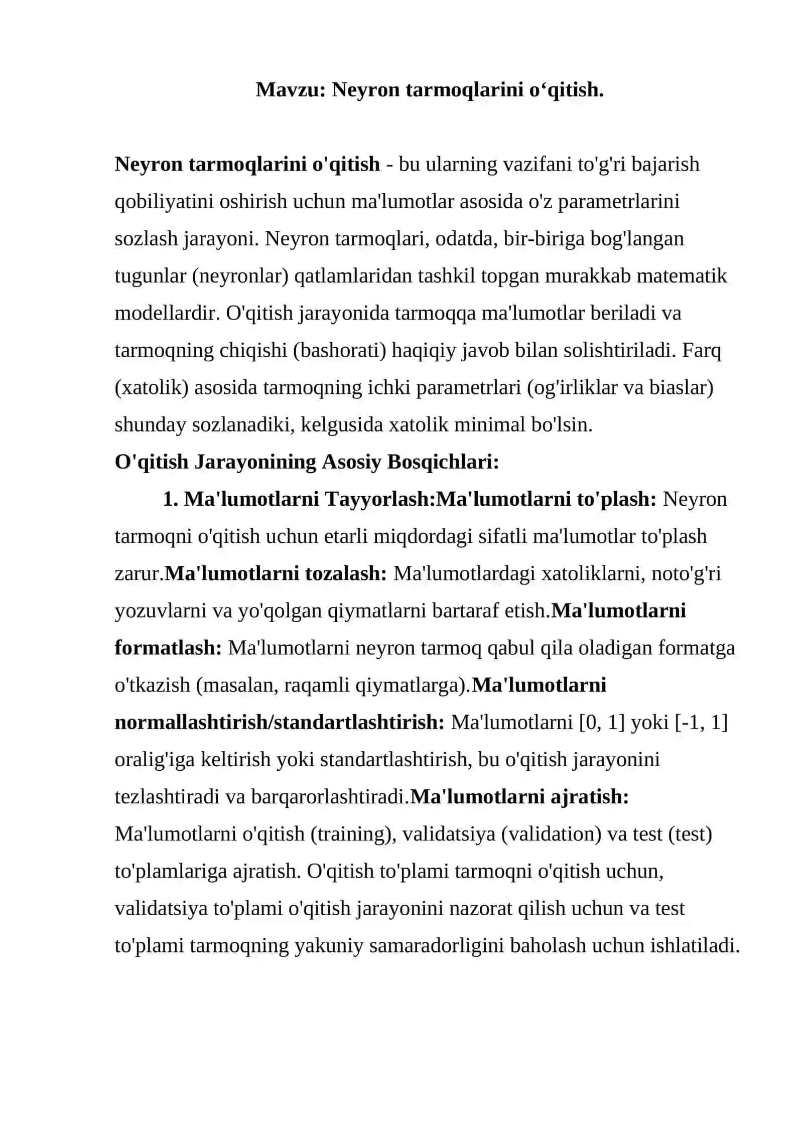 Neyron tarmoqlarini o‘qitish 2