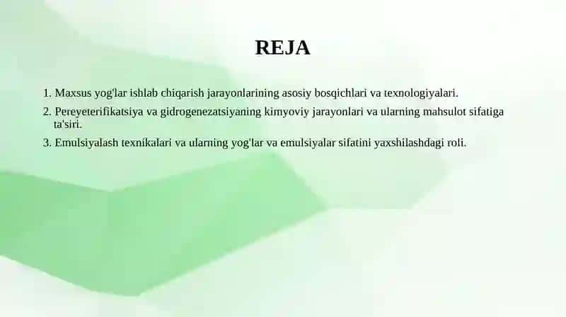 Maxsus yog'lar ishlab chiqarishda pereyeterifikatsiya va gidrogenezatsiya 2