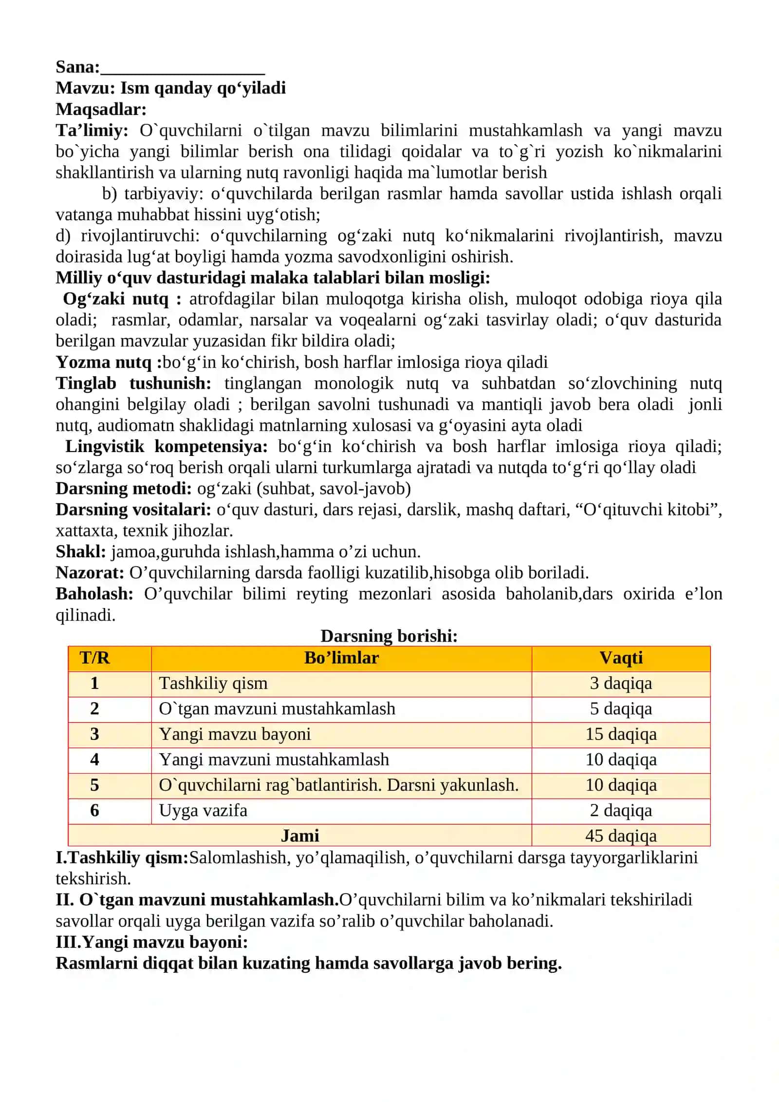 3-sinf Ona tili va o'qish savodxonligi fanidan Ism qanday qo'yiladi mavzusida dars ishlanma 2