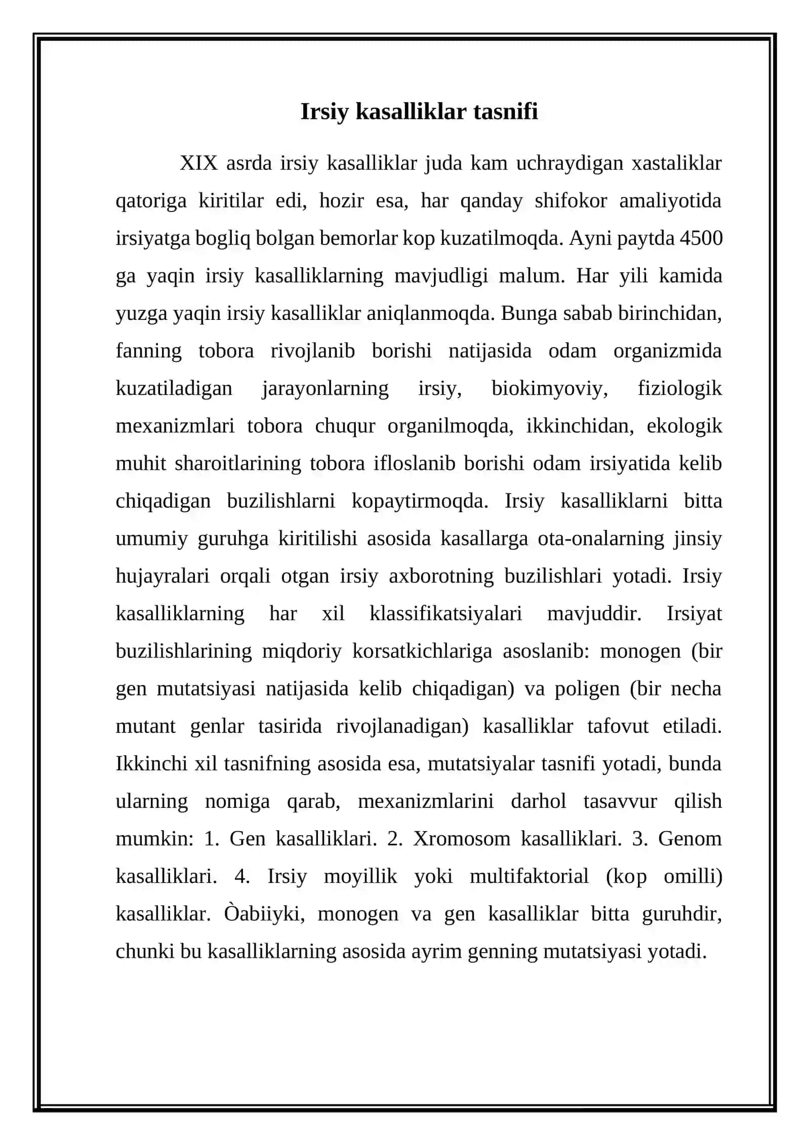 IRSIY KASALLIKLAR. TIBBIY GENETIK MASLAHAT. IRSIY KASALLIKLARNING TASNIFI 2