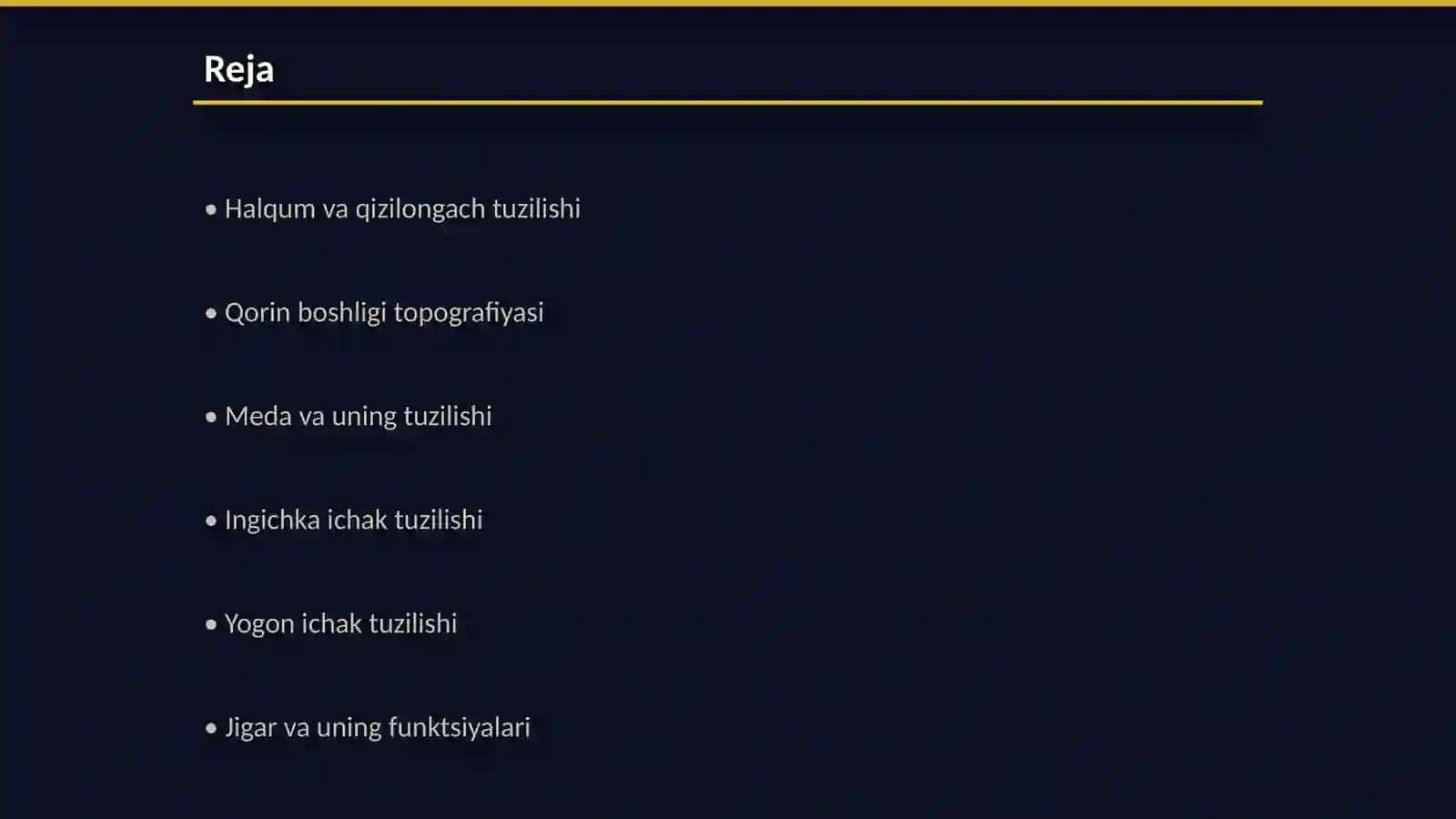 Halqum. Qizilongach. Qorin boshligi topografiyasi. Meda, ingichka,yogon ichak tuzilishi topografiyasi. Jigar. Meda ostibezi. Taloq tuzilishi. Arteriya, vena va kapilyarlarning tuzilishi. Qon aylanish doiralari qon tomirlari Erkaklar va ayollar tanosil azolari. Tuzilish topografiyasi va axamiyati 2