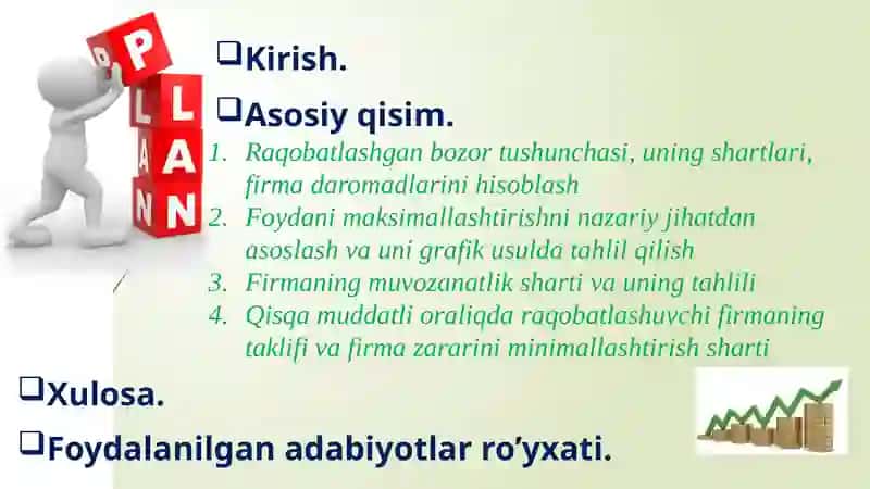 Raqobatlashgan bozorda, qisqa muddatli oraliqda firma foydani maksimallashtirish va uning taklifi 2