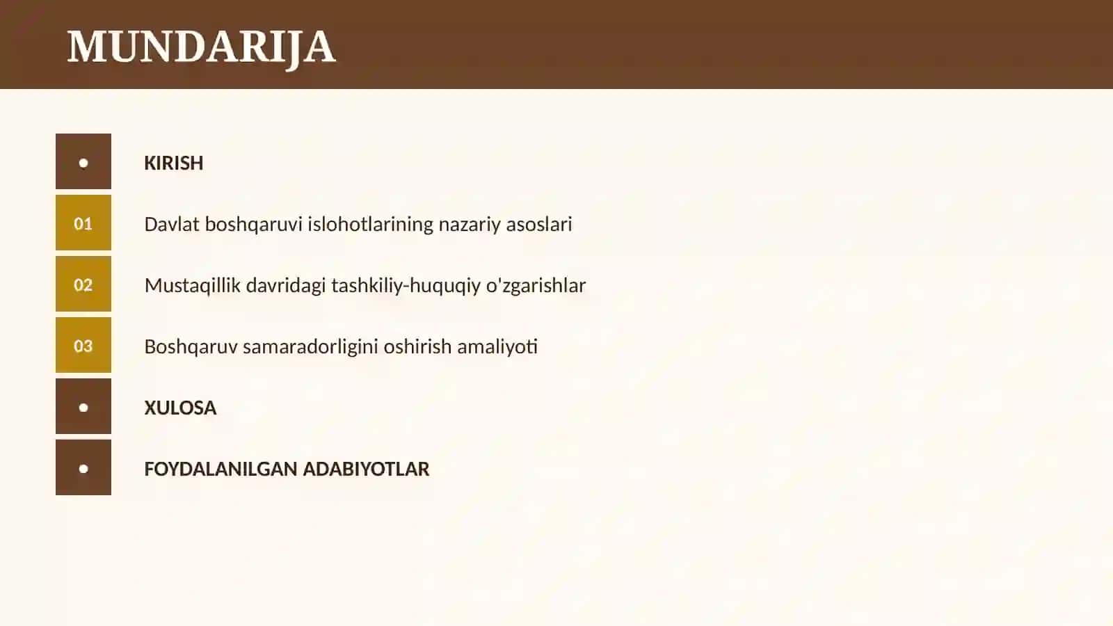 MUSTAQILLIK YILLARIDA DAVLAT BOSHQARUVI TIZIMIDA AMALGA OSHIRILADIGAN ISLOHATLAR 2