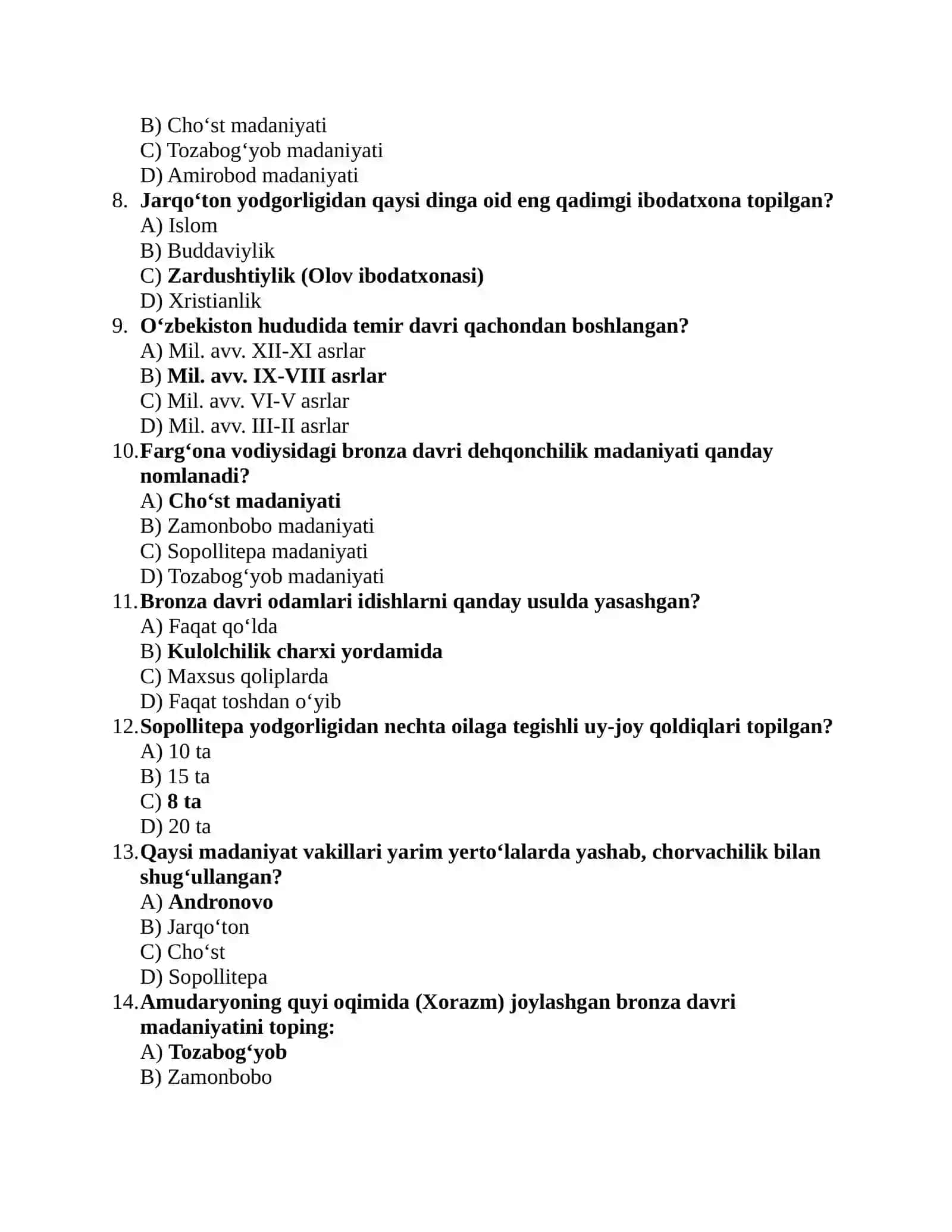 O‘zbekistonning eng qadimgi tarixi (Bronza va Temir davri) mavzusida 100 ta test 2