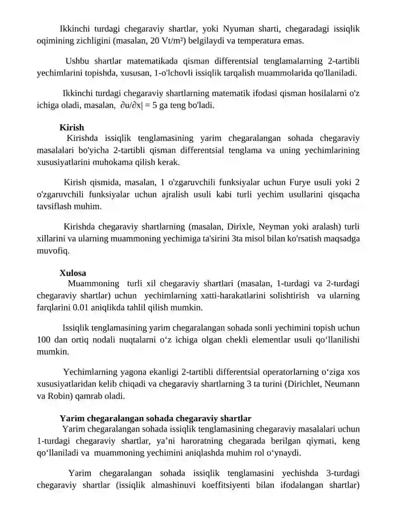 Yarim chegaralangan sohada issiqlik tarqalish tenglamasi uchun chegaraviy masalalar 2