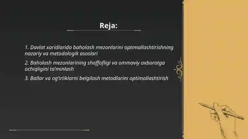 Davlat xaridlarida baholash mezonlarini optimallashtirish va ularning adolatli boʻlishini ta’minlash 2
