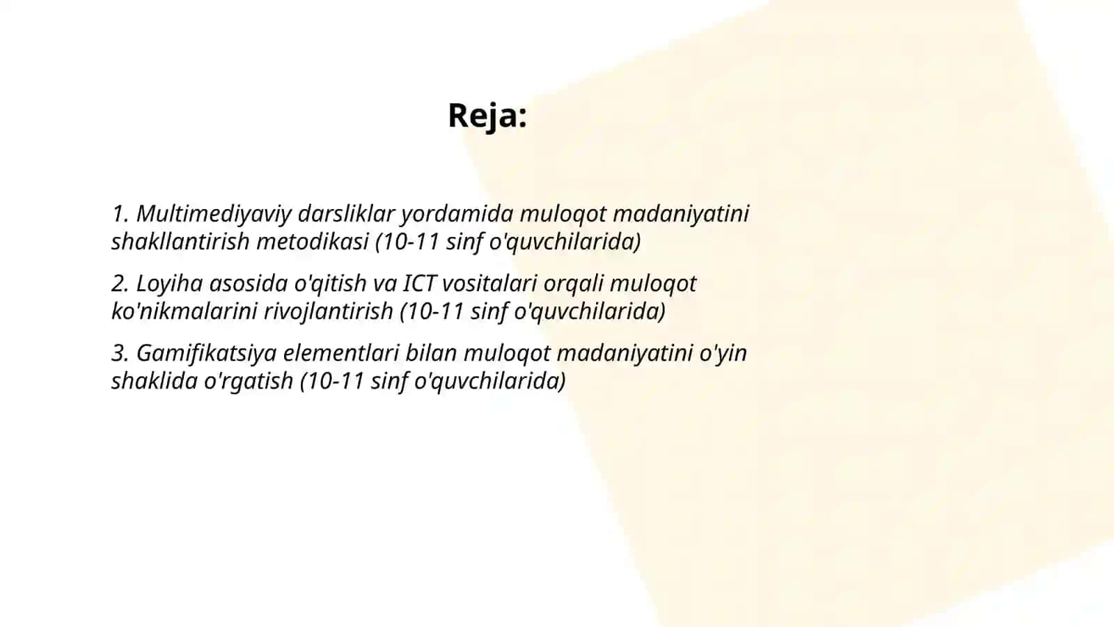 Multimediyaviy darsliklar yordamida muloqot madaniyatini shakllantirish metodikasi (10-11 sinf o'quvchilarida) 2