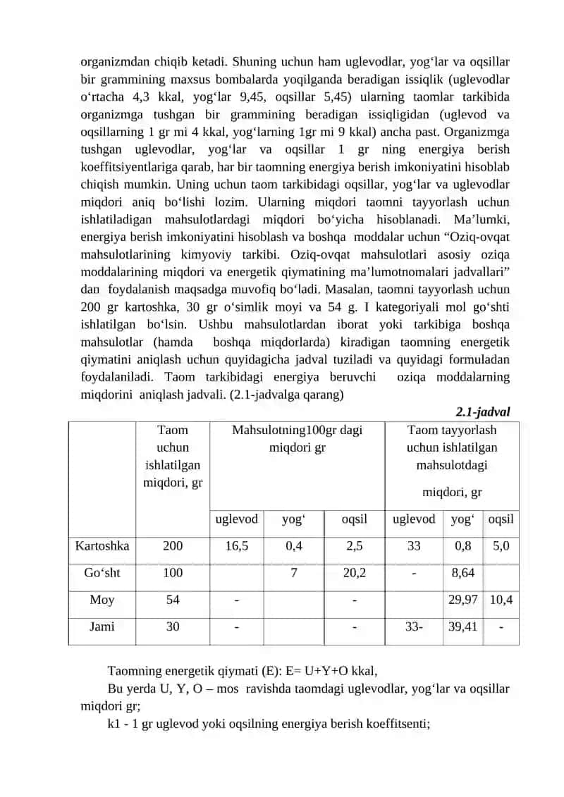 Oziq-ovqat mahsulotlarining ozuqaviy va energetik qiymatini hisoblash 2