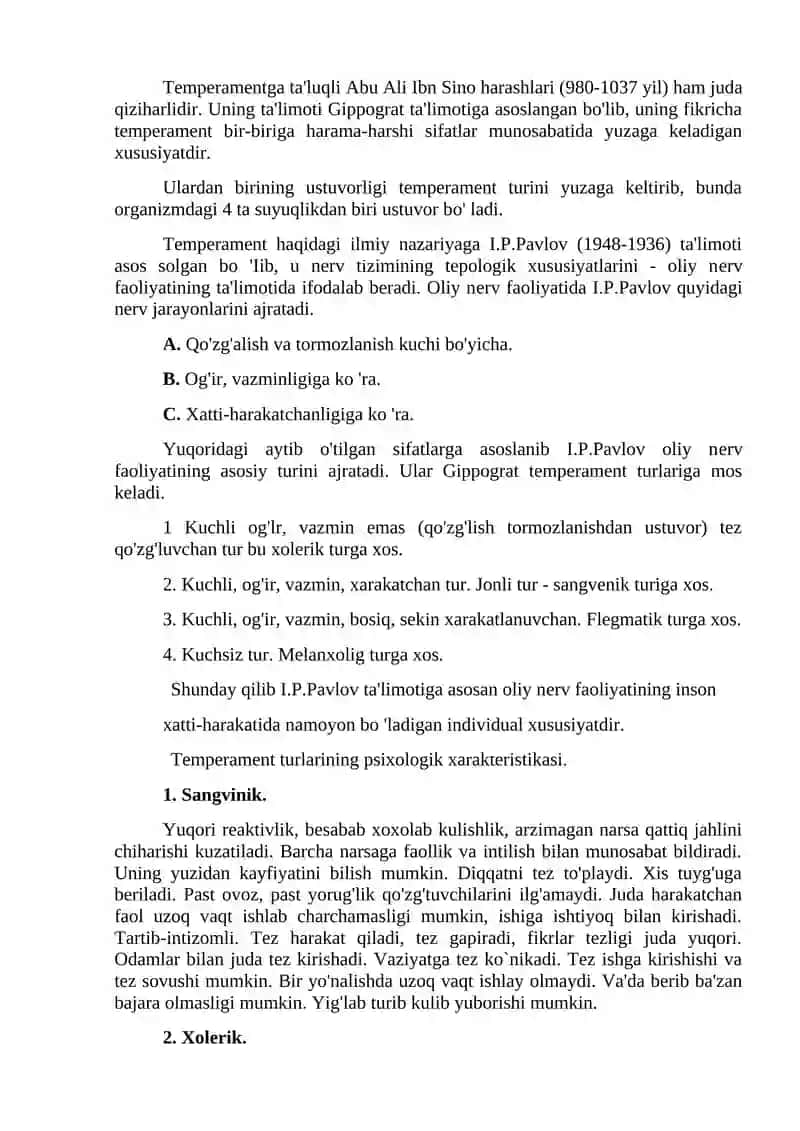 9-mavzu. Temperament, xarakter va faoliyatning individual xususiyatlari, kasbni egallash masalalari 2