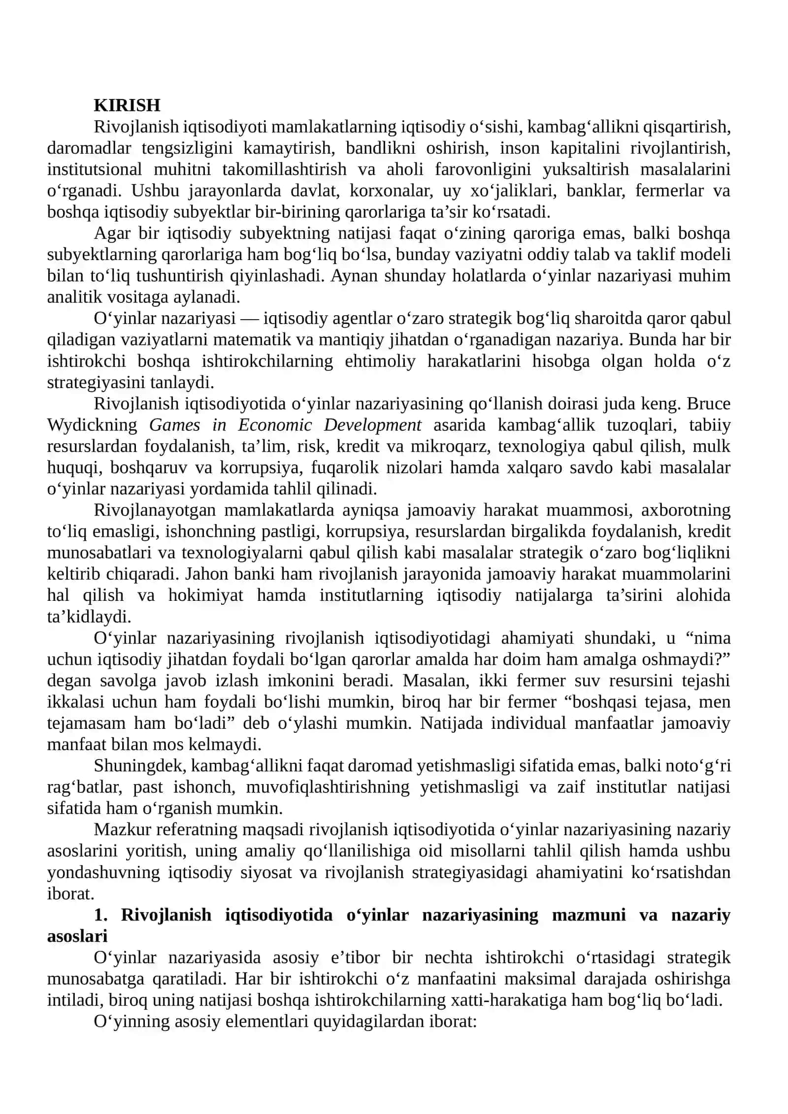 RIVOJLANISH IQTISODIYOTIDA O‘YINLAR NAZARIYASINING QO‘LLANILISHIGA OID AMALIY MISOLLARNI O‘RGANISH 2