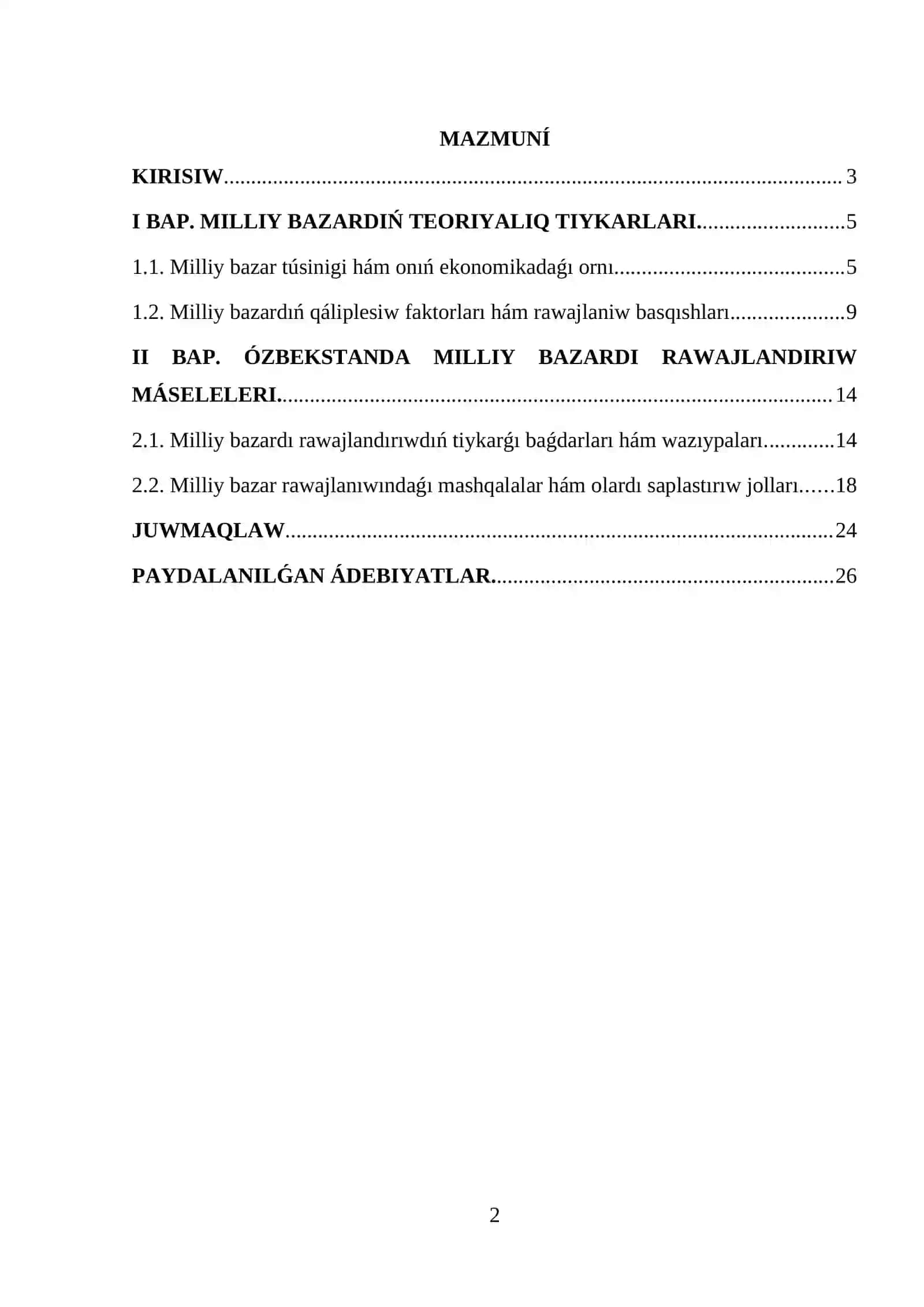 Ózbekstanda milliy bazardı rawajlandırıw wazıypaları 2