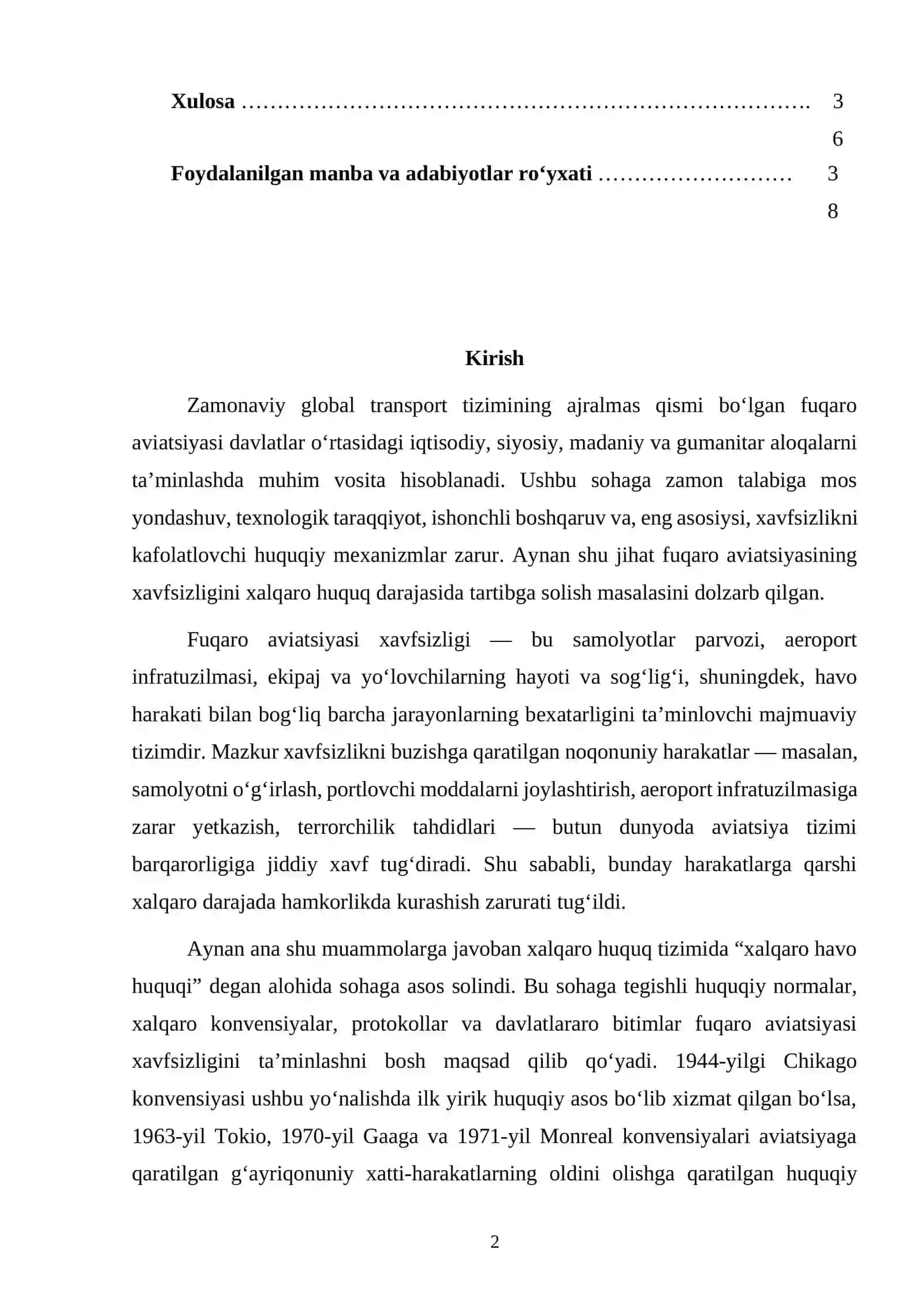 XALQARO HAVO HUQUQIDA FUQARO AVIATSIYASI XAVFSIZLIGINI TA’MINLASHDA MONREAL KONVENSIYASI VA PROTOKOLINING O‘RNI 2
