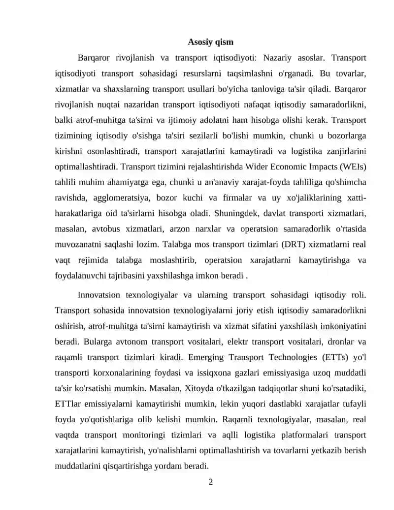 Barqaror rivojlanishda transport iqtisodiyoti va innovatsion texnologiyalarning nazariy asoslari 2