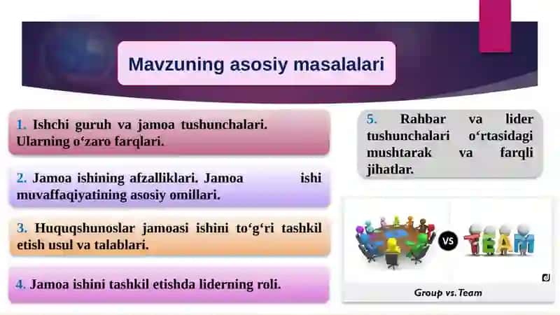 Huquqshunoslar guruhi va jamoasida ishni to‘g‘ri tashkil etish usullari 2