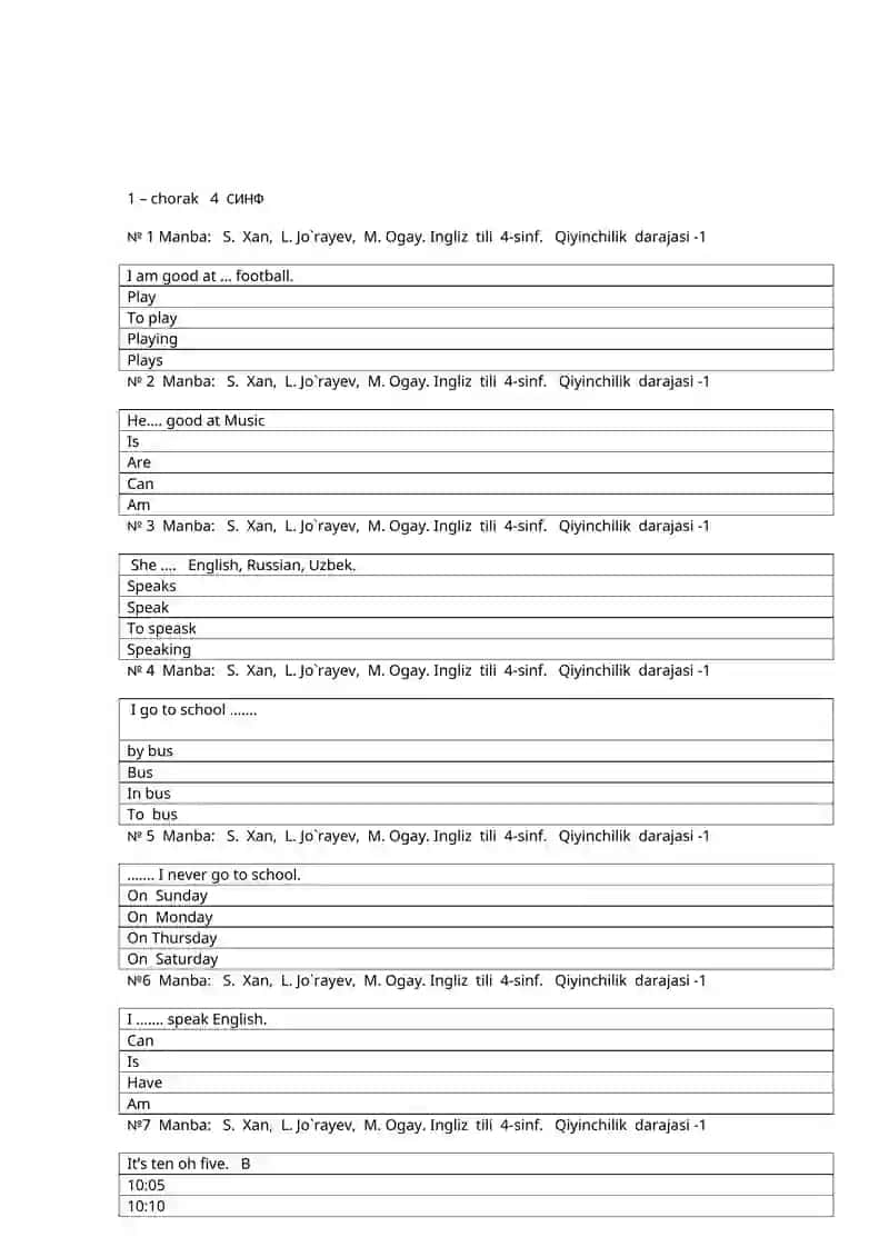 IV sinf ingliz tili fanidan testlar 2