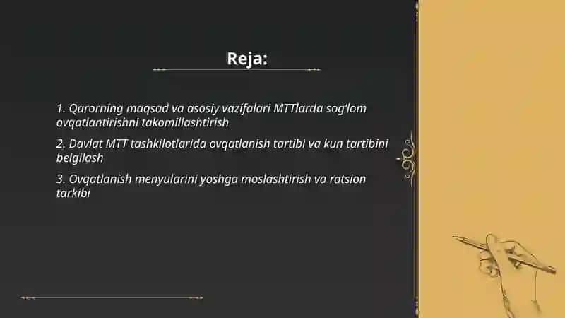 Davlat Mtt tashkilotlarida sog'lom ovqatlantirish tizimini yanada takomillashtirish 2