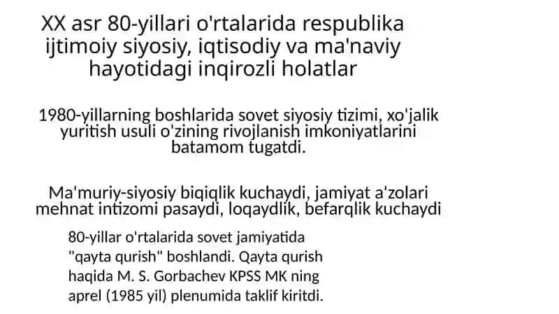 mustaqillikga erisjish arafasida uzbekistondagi siyosiy ijtimoiy vaziyatlar 2