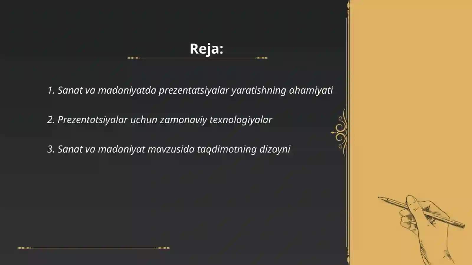 Sanat va madanyat turiga tegishli materiyallar boʻyicha prizentatsiya va slaydlar yaratish texnalogyalari 2