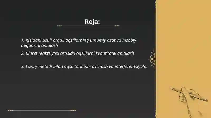 Oqsillar va peptidlarning kimyoviy tarkibini aniqlash tamoillari 2