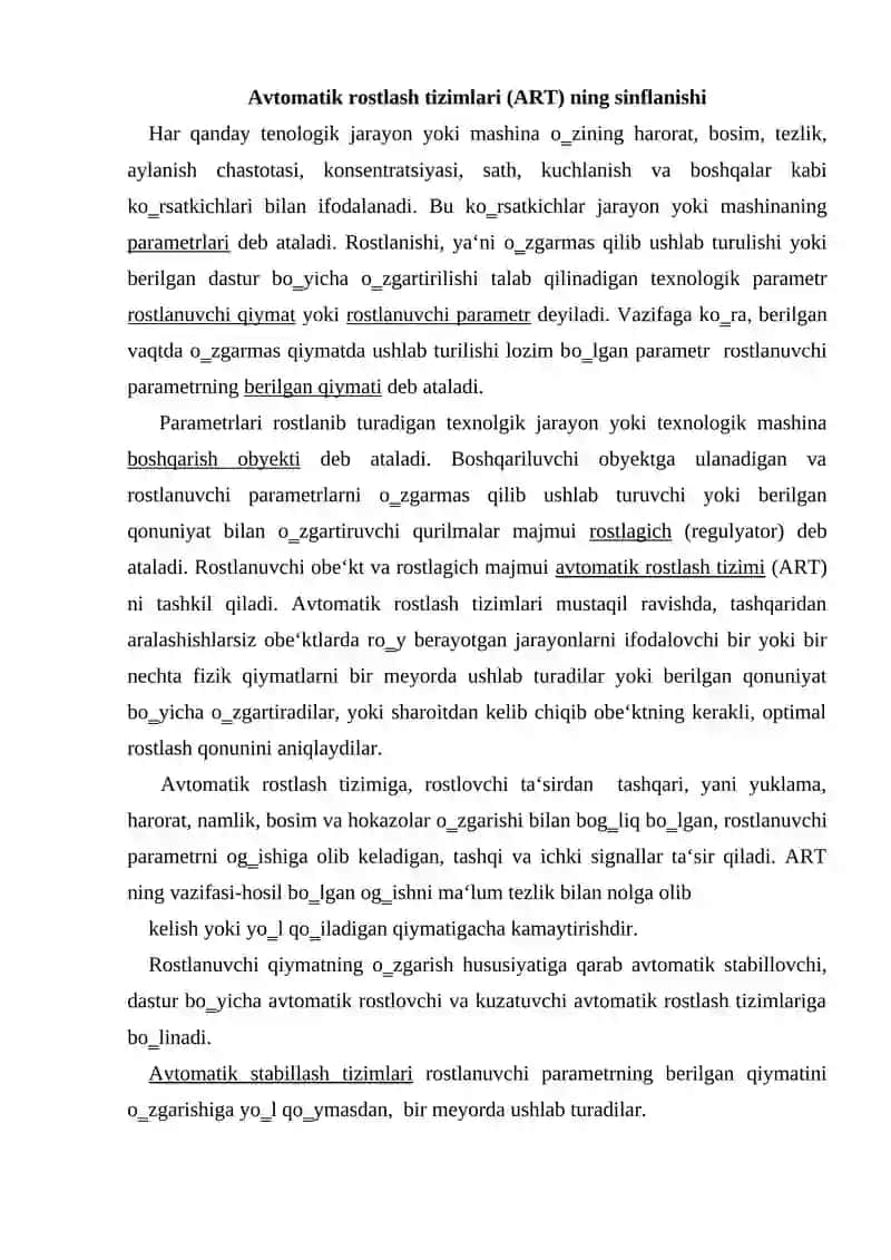 Avtomatik rostlash tizimlari (ART) ning sinflanishi 2