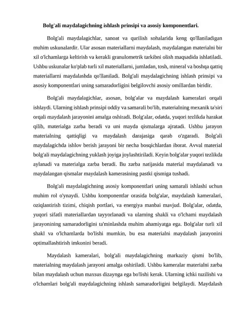 Bolg'ali maydalagichning ish unumdorligini oshirish va konstruksiyasini takomillashtirish. 2