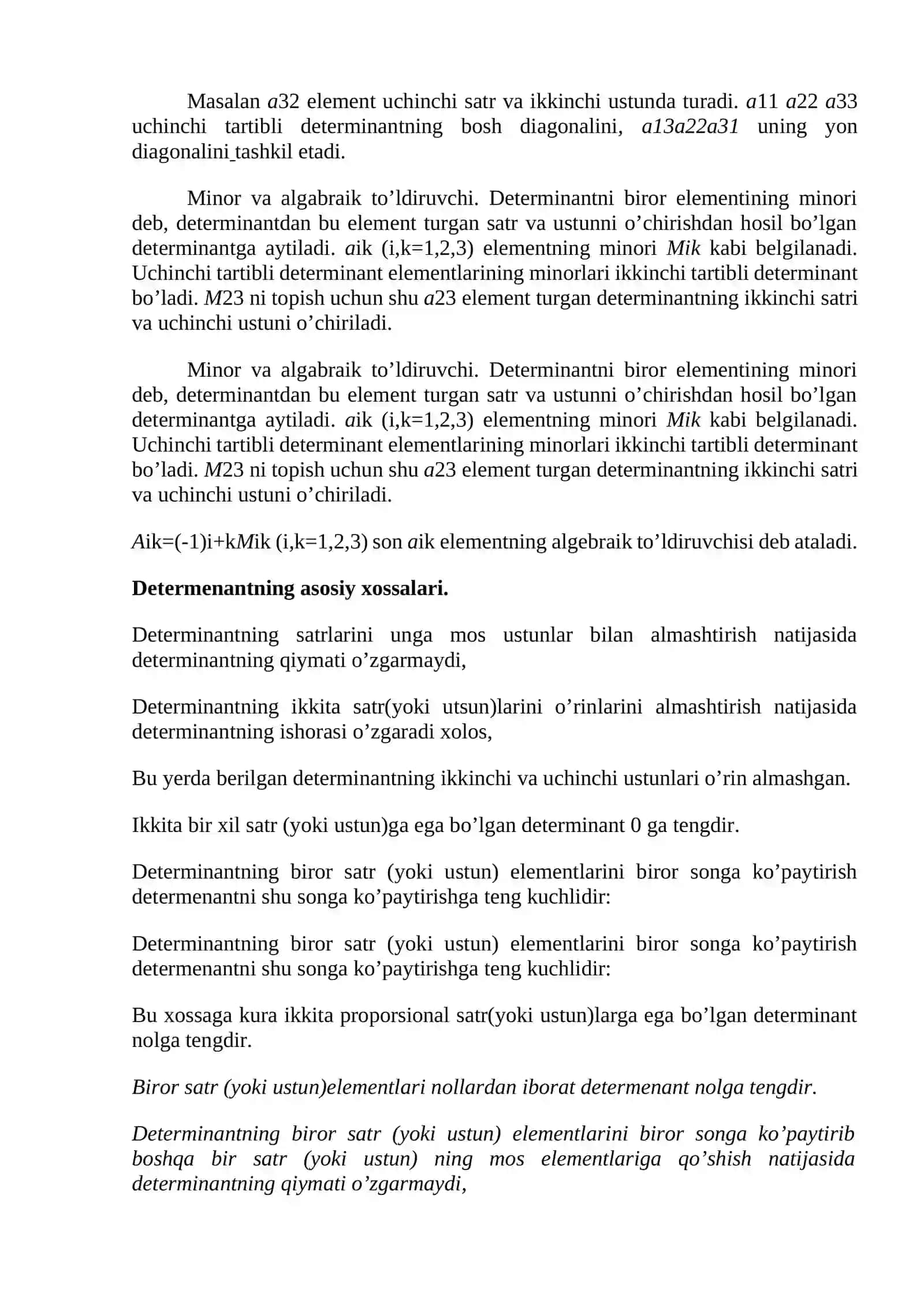 Determinantlar va ularning xossalari 2