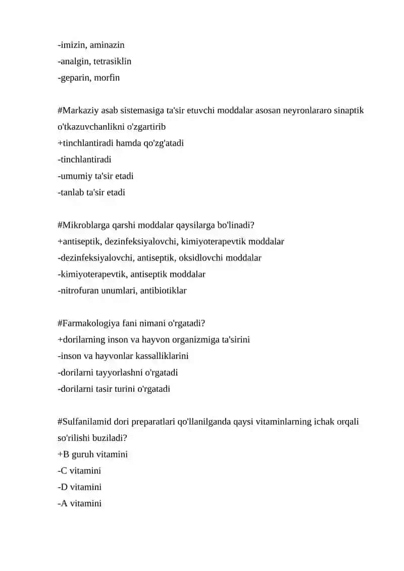 Farmakologiya fanidan 500 talik test, javoblari bilan 2