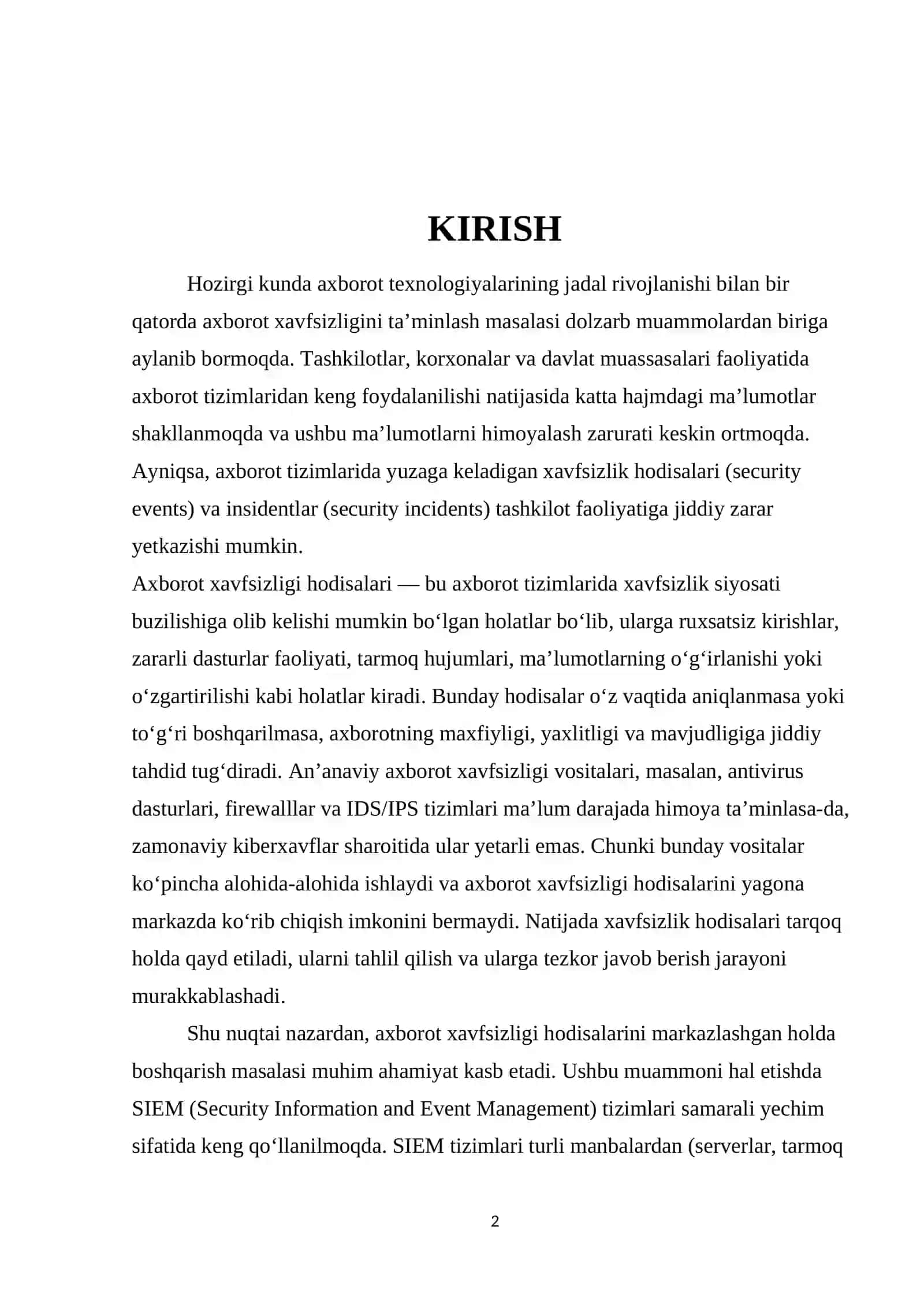 SIEM TIZIMLARI ERDAMIDA AXBOROT XAVFSIZLIGI HODISALARNI MARKAZLASHGAN BOSHQARISH 2