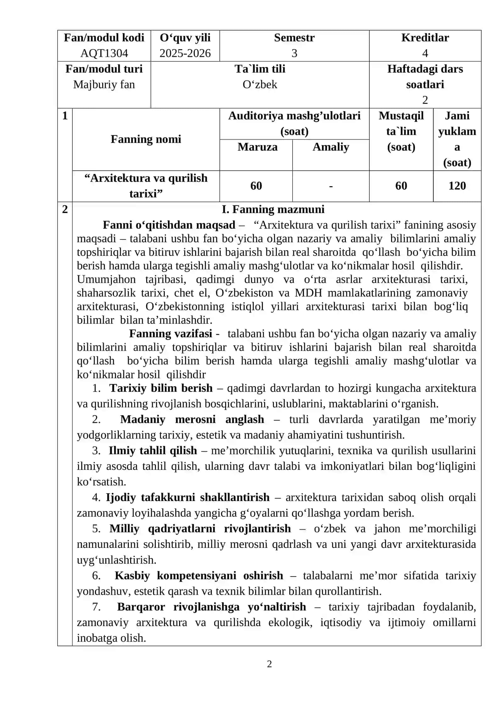 “ARXITEKTURA VA QURILISH TARIXI” FANINING O‘QUV DASTURI 2
