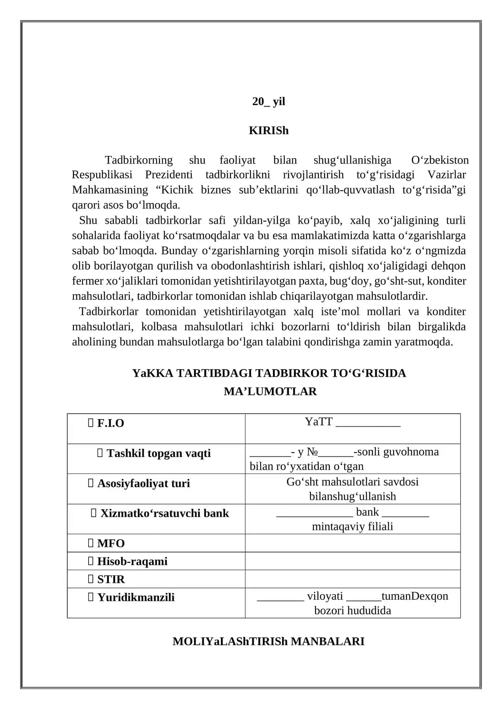 GO‘ShT MAHSULOTLARI SAVDOSI BILAN ShUG‘ULLANISH BIZNES-REJASI 2