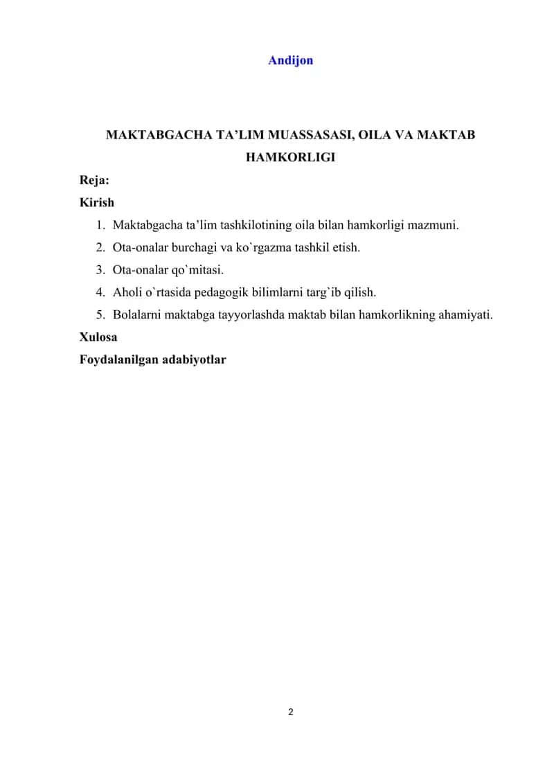 Maktabgacha ta'lim tashkilotining oila bilan hamkorligi 2