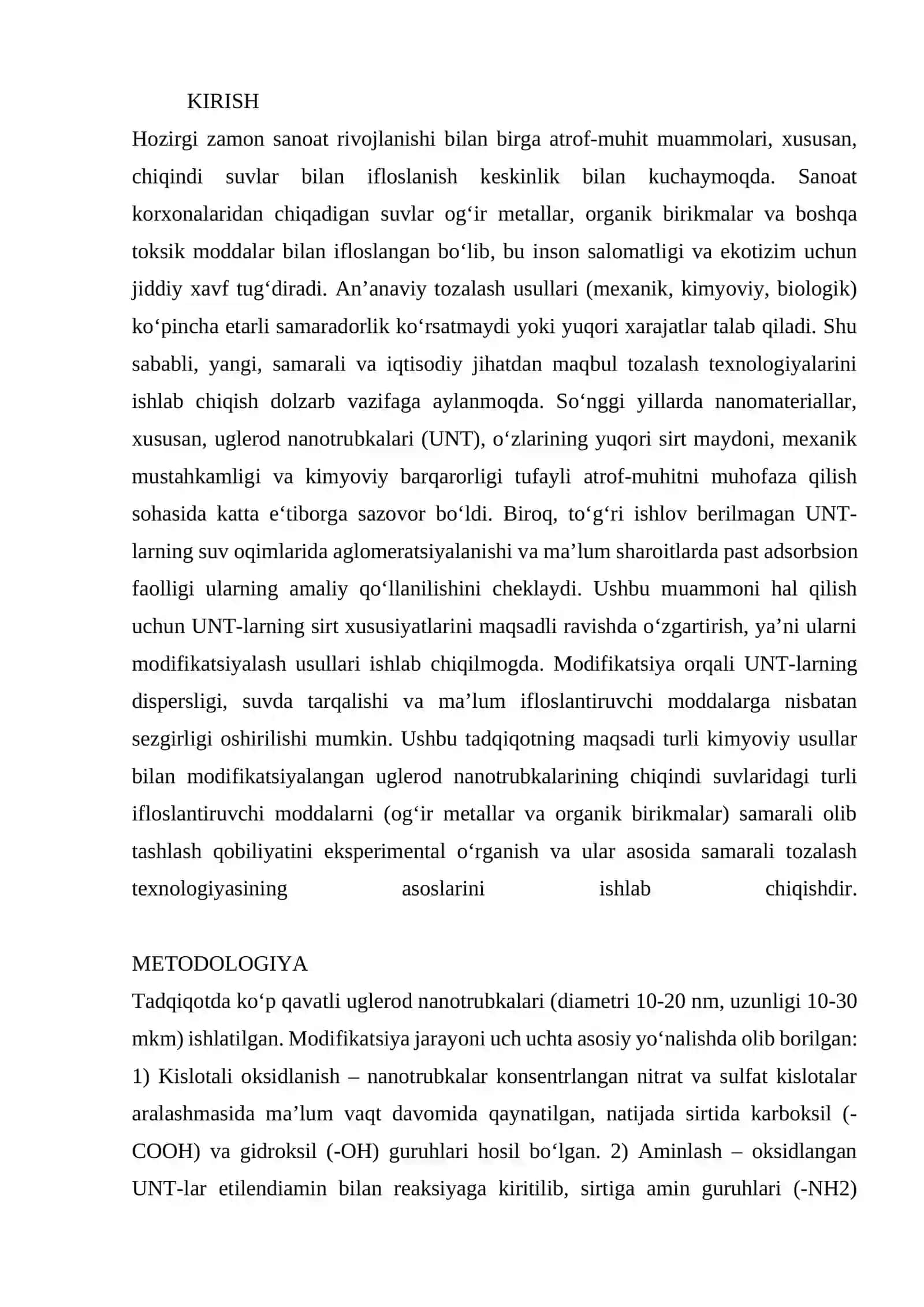 MODIFIKATSIYALANGAN UGLEROD NANOTRUBKALARI BILAN CHIQINDI SUVLARINI SAMARALI TOZALASH TEXNOLOGIYASI 2
