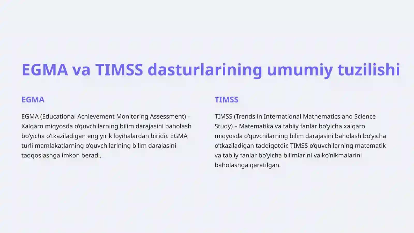 EGMA va TIMSS baholash dasturlari: "Fazo va shakl" mazmun sohasiga oid topshiriqlar 2