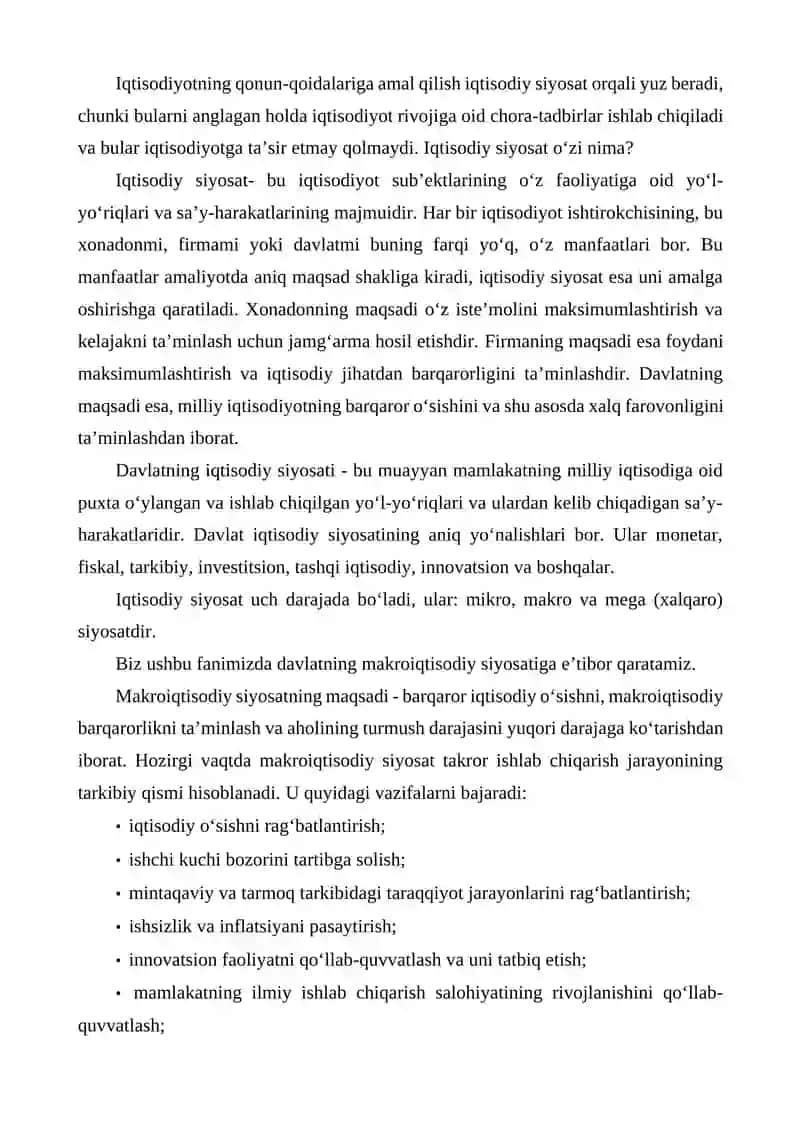 MAKROIQTISODIY SIYOSATNING MAQSADI, VAZIFALARI VA MAKROIQTISODIY TARTIBGA SOLISHNING ZARURIYATI 2
