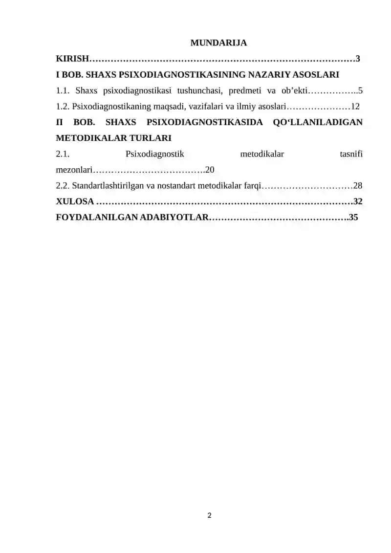 "SHAXS SIXODIOGNOSTIKASIDA QO'LLANILADIGAN METODIKALAR TASNIFI" 2
