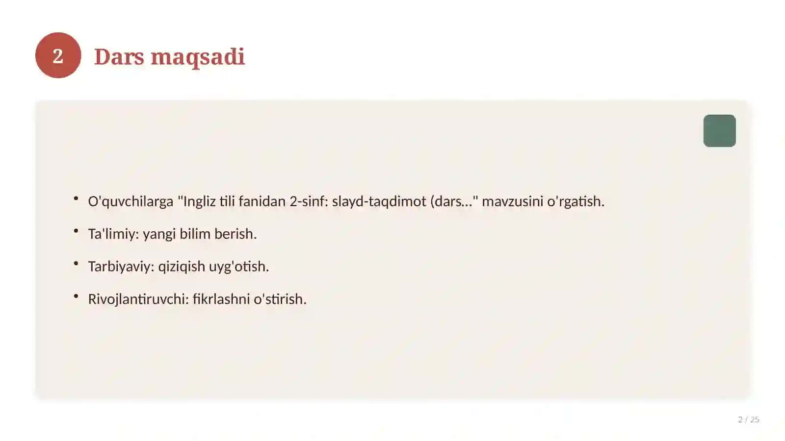 Ingliz tili fanidan 2-sinf: slayd-taqdimot (dars uchun) 2