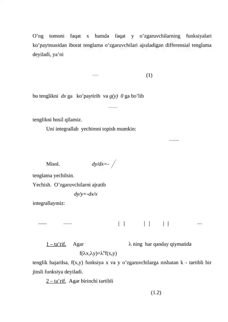 O’zgaruvchilari ajraladigan tenglamalar. Birinchi tartibli tenglamalar 2