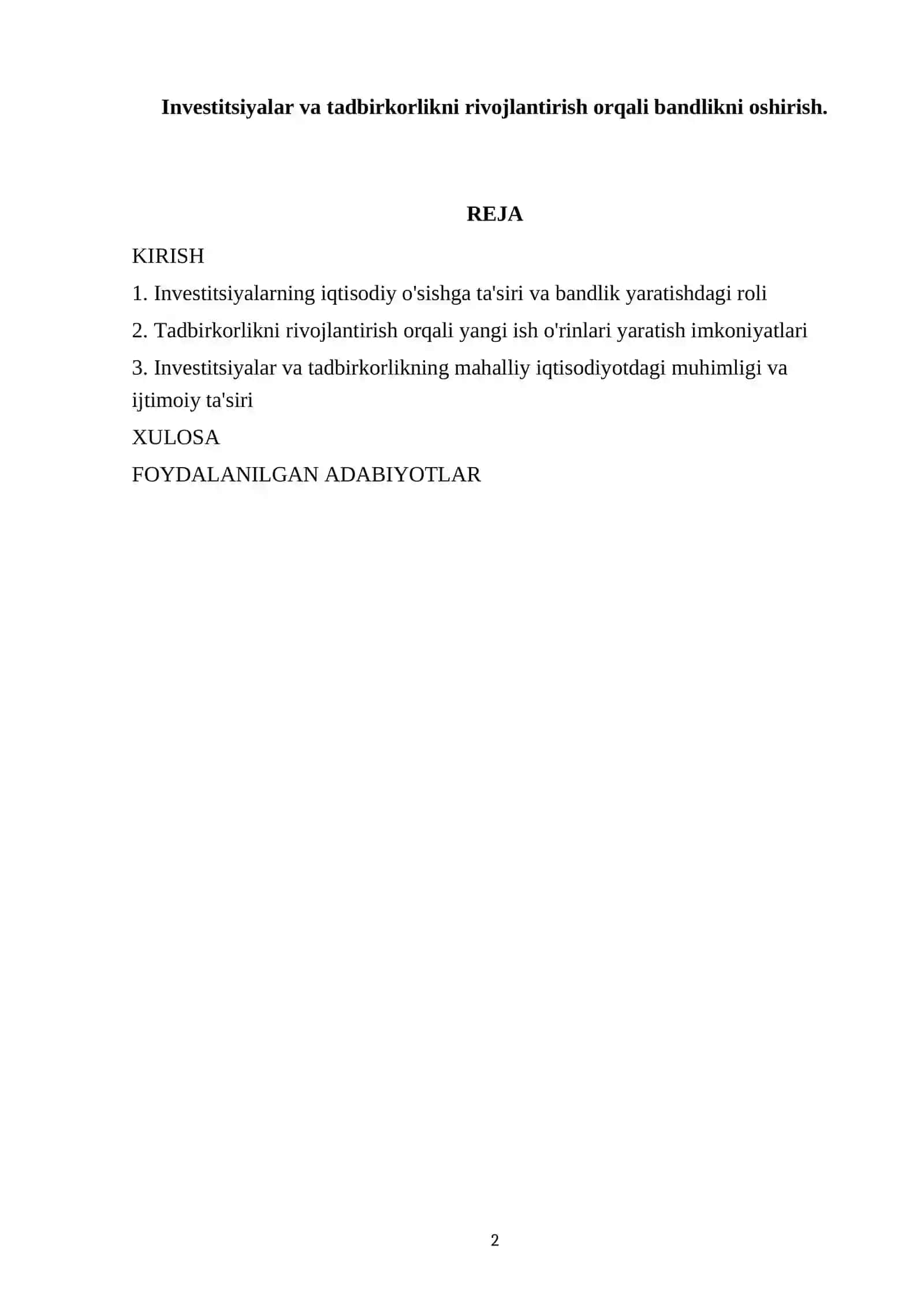 Investitsiyalar va tadbirkorlikni rivojlantirish orqali bandlikni oshirish 2