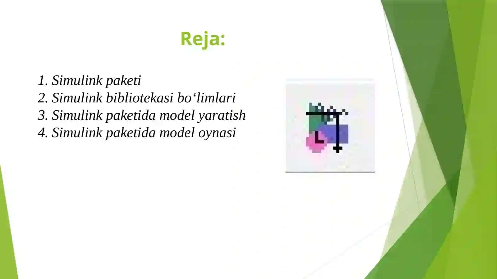MatLab modullarida dasturlash va ularning funktsiyalari, imitatsion modellash.Simulink paketi yordamida amaliy boshqaruv tizimini loyihalash modelini grafik ko’rinishi 2