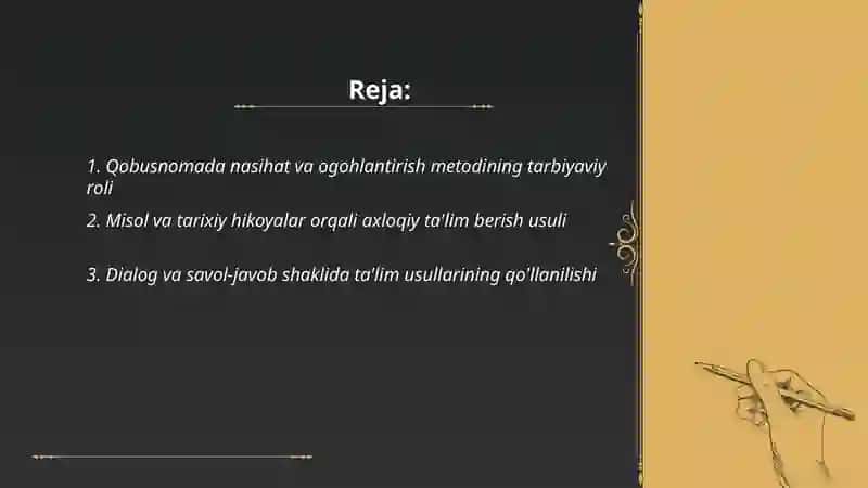 Kaykovusning Qobusnoma asarida barkamol inson tarbiyasida qollaniladigan metod va usullarning ifodalanishi 2