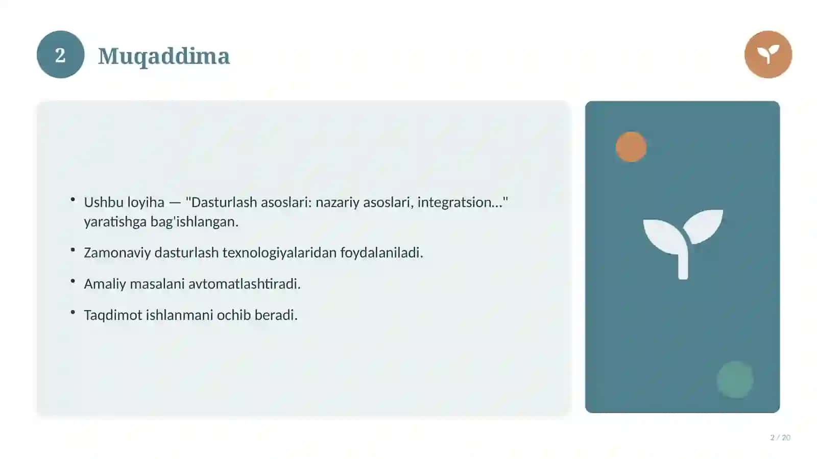 Dasturlash asoslari: nazariy asoslari, integratsion yondashuvda (Mustaqil ta'lim topshirig'i) 2