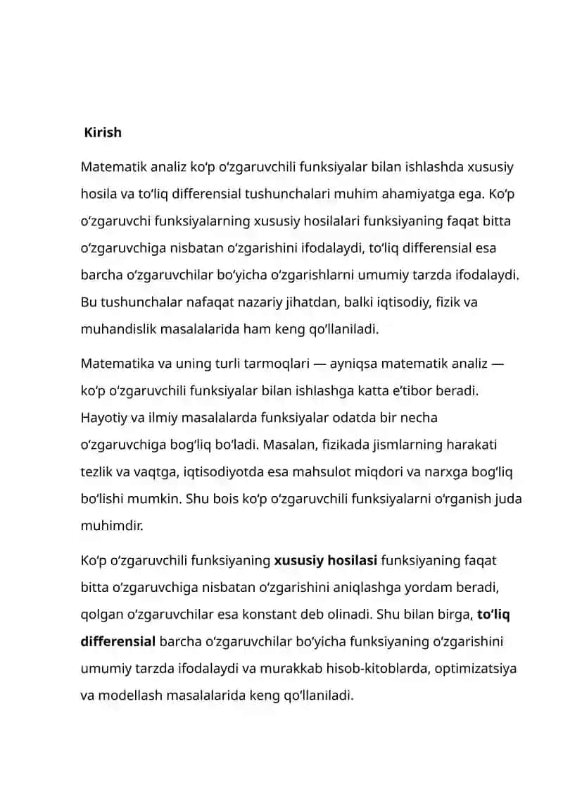 KO‘P O‘ZGARUVCHI FUNKSIYANING TO‘LIQ DIFFERENSIALI VA MURAKKAB FUNKSIYANING XUSUSIY HOSILALARI 2