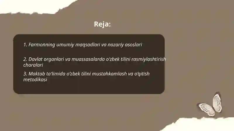 O‘zbek tilining davlat tili sifatidagi nufuzi va mavqeyini tubdan oshirish chora-tadbirlari 2