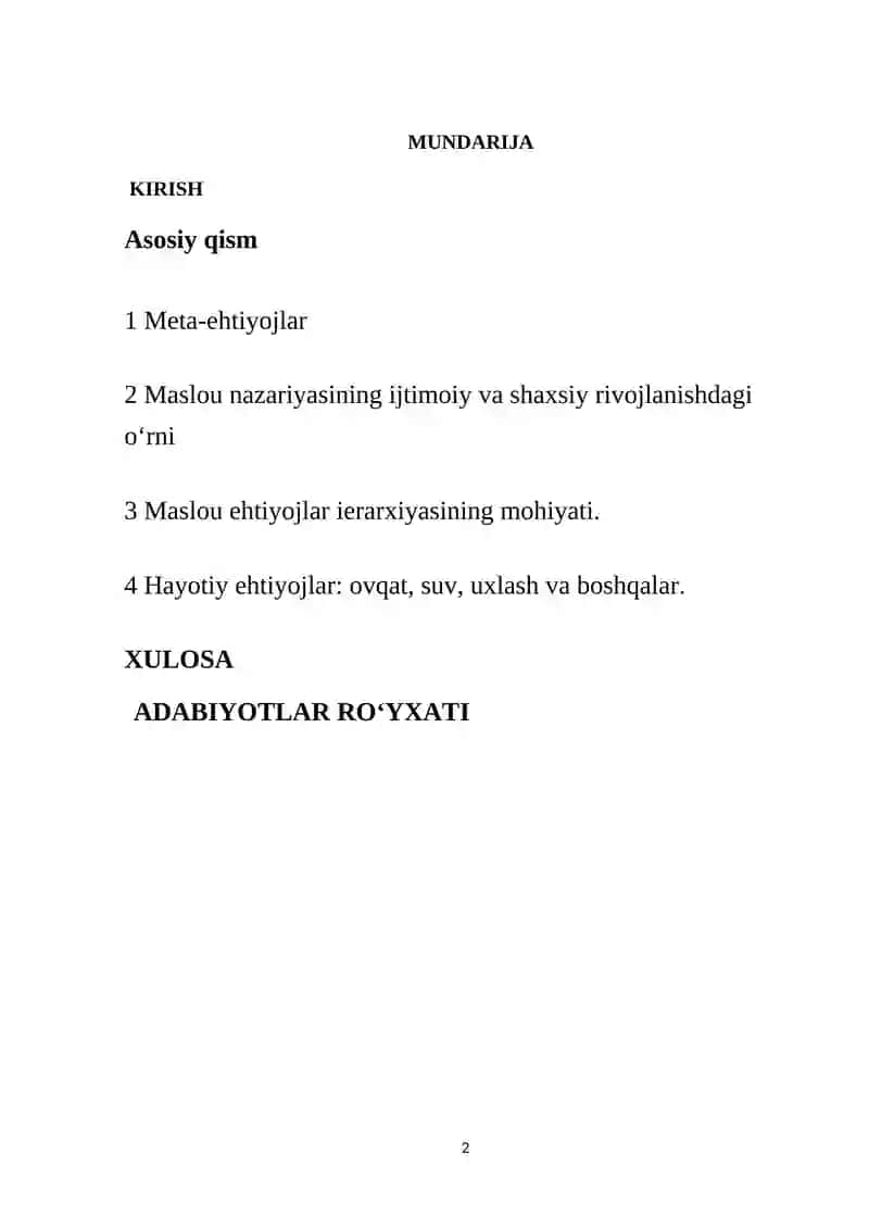 Asosoiy ehtiyojlar va meta-ehtiyijlar, ularning ierarxiyasi (Maslou). 2