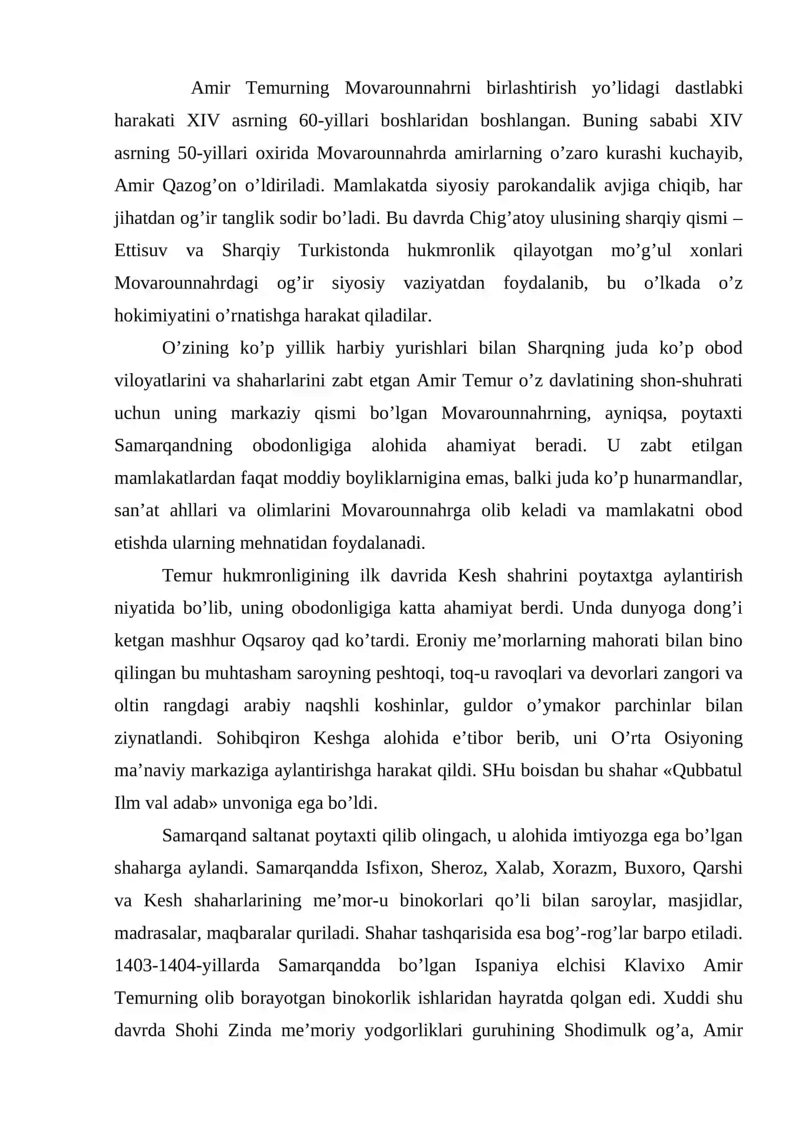 Movarounnahrda Amir Temur tomonidan markazlahgan davlat barpo etilishi va uning fan, madaniyat va ma’rifat rivojiga qo’shgan hissasi 2