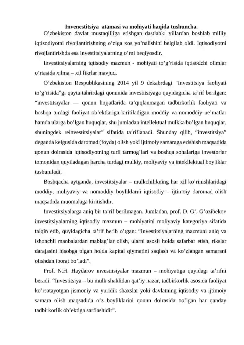 Investitsiyalarning iqtisodiy mohiyati va tasniflanishi 2