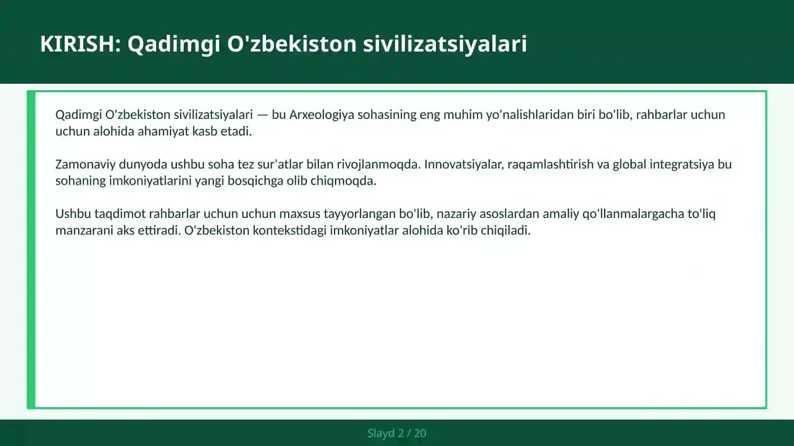 QADIMGI O'ZBEKISTON SIVILIZATSIYALARI 2
