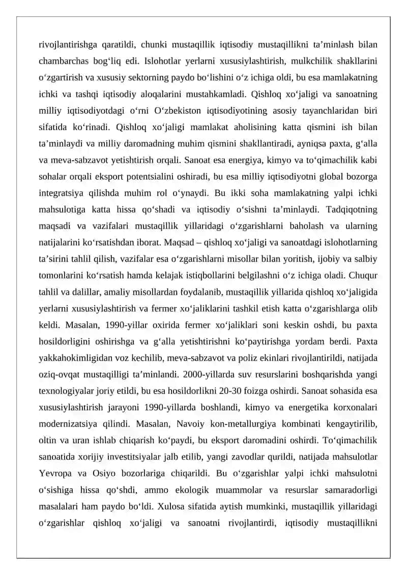 Mustaqillik yillarida qishloq xo‘jaligi va sanoat sohasidagi o‘zgarishlar 2