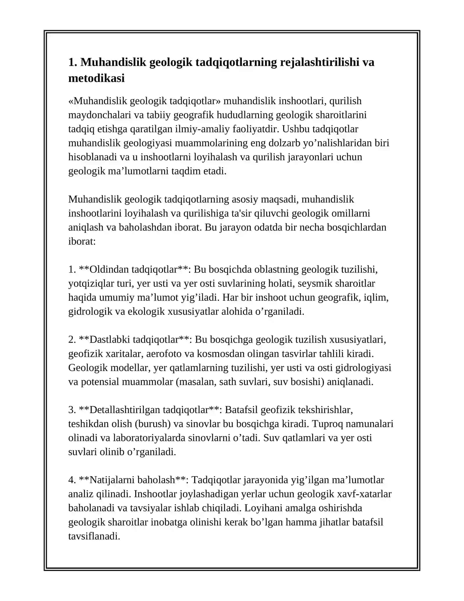 MUHANDISLIK GEOLOGIK TADQIQOTLAR VA GEODEZIK REJALASH ASOSLARINI YARATISH 2