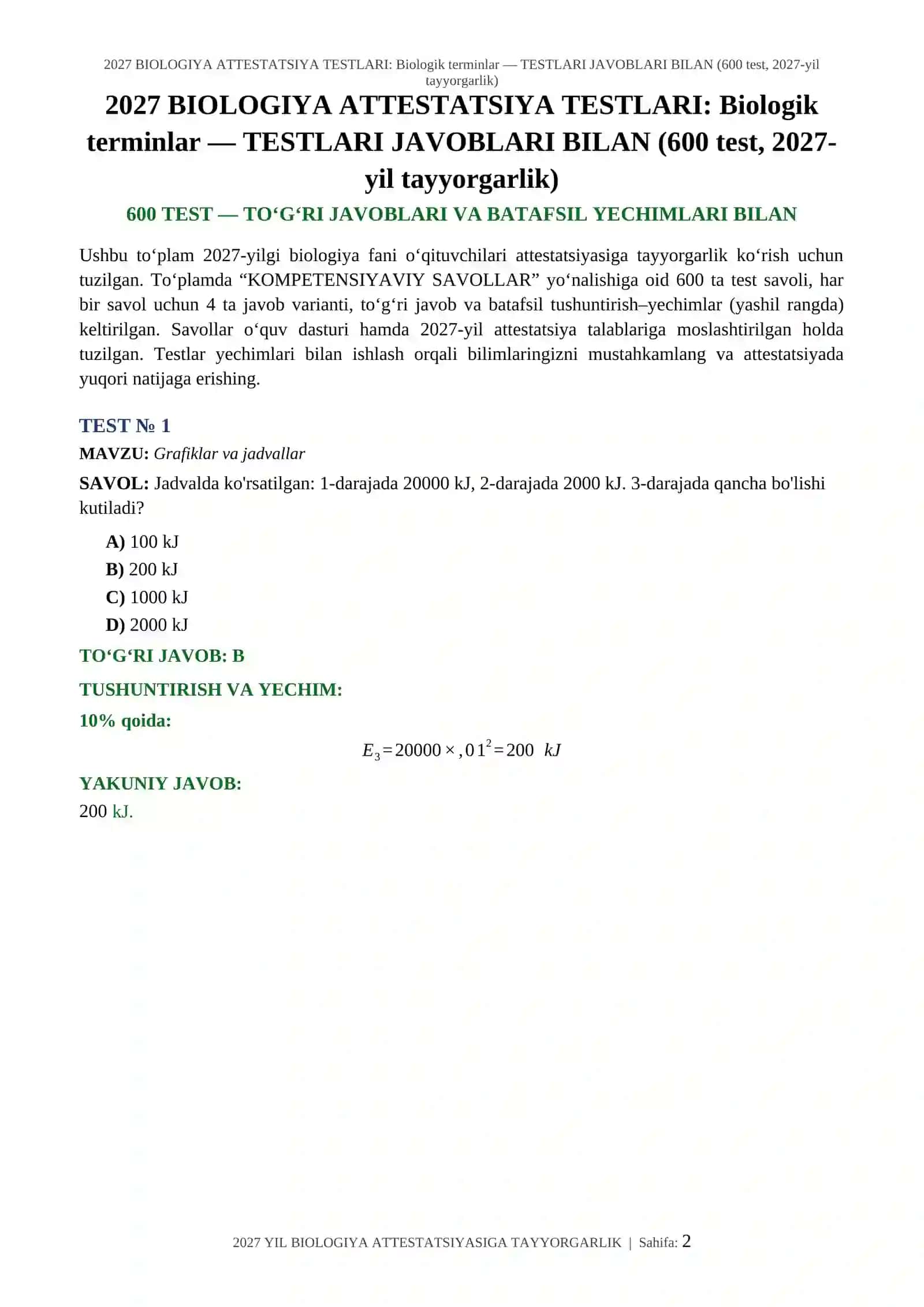 2027 BIOLOGIYA ATTESTATSIYA TESTLARI: Biologik terminlar — TESTLARI JAVOBLARI BILAN (600 test, 2027-yil tayyorgarlik) 2